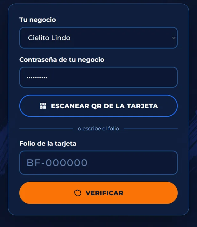 Pantalla para elegir el negocio y escribir la contraseña