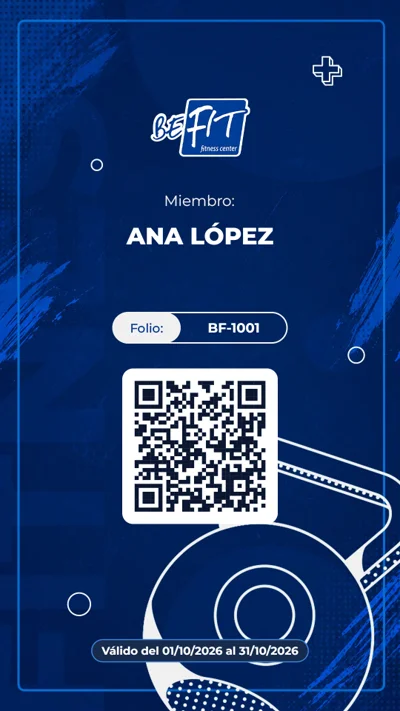 Ejemplo de tarjeta de socio Be Fit con nombre, folio y código QR